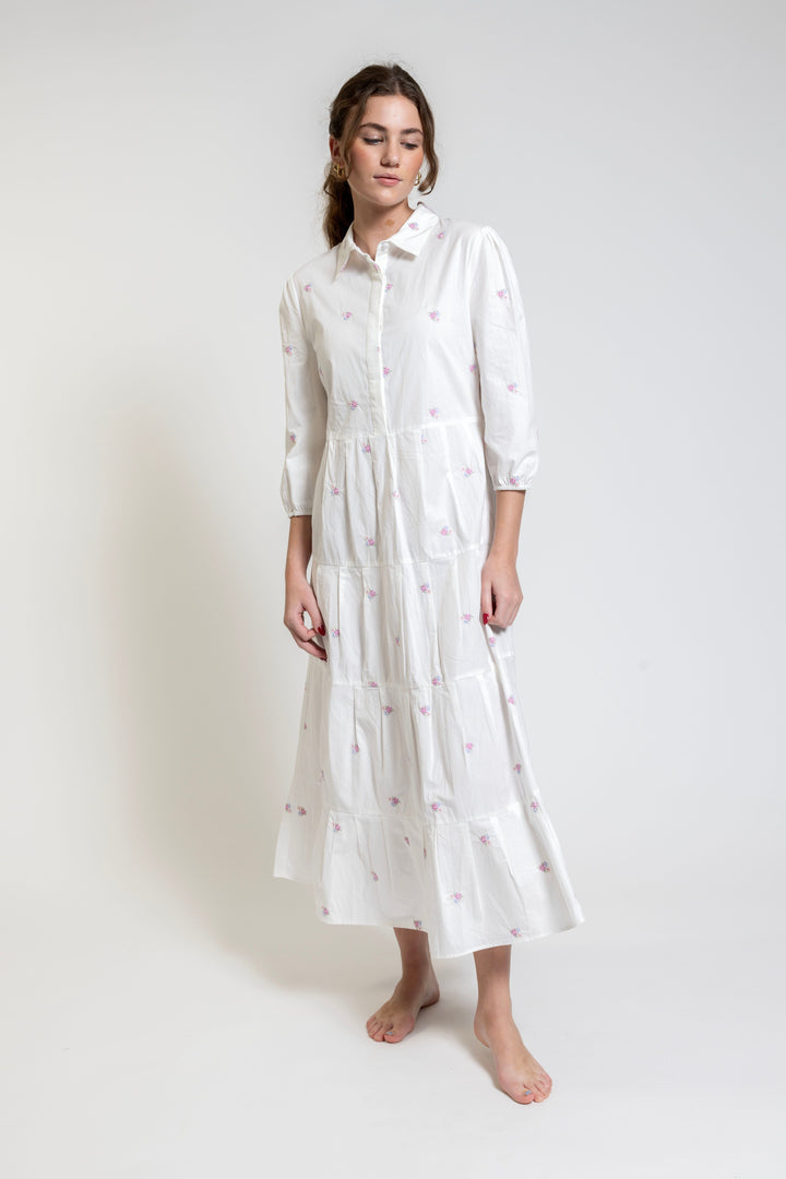 White Base Pink Embroidery Tirred Shirt Dress