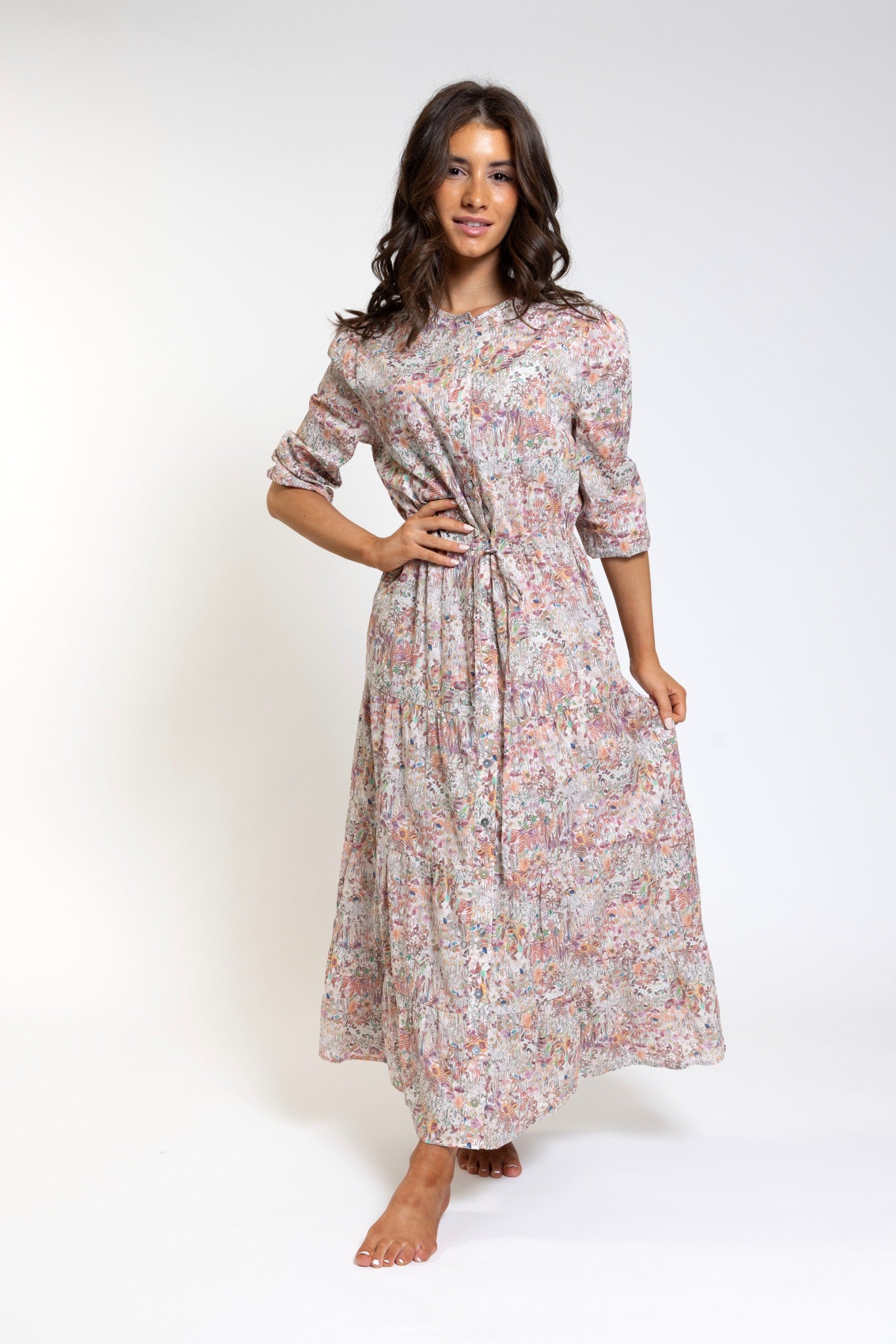 Multiflower Printed Tiered Shirt Dress