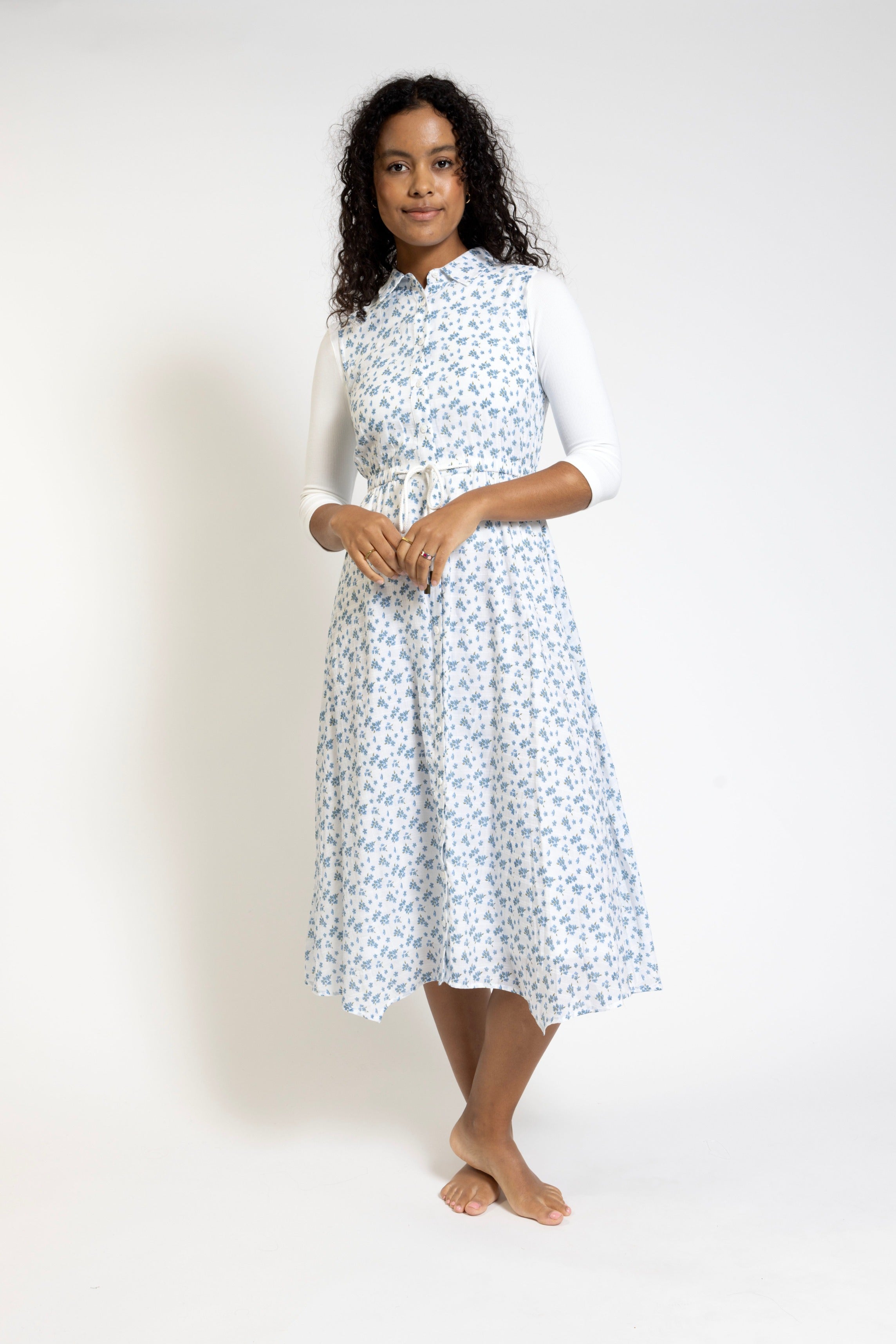 White Blue Flower Printed Jumper Dress