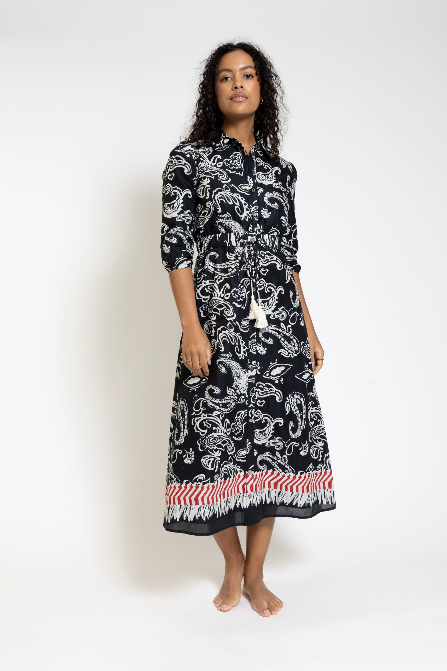 Black Base White Paisley Printed Shirt Dress