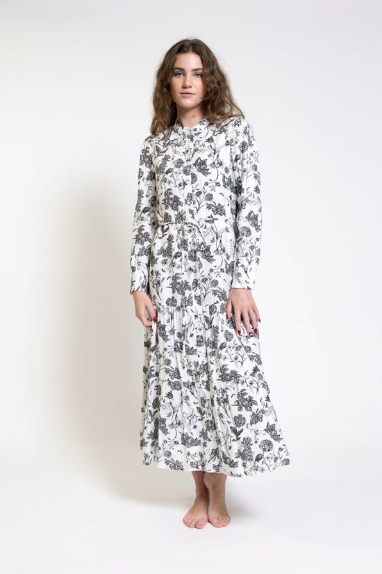 White Base Black Printed Tiered Dress