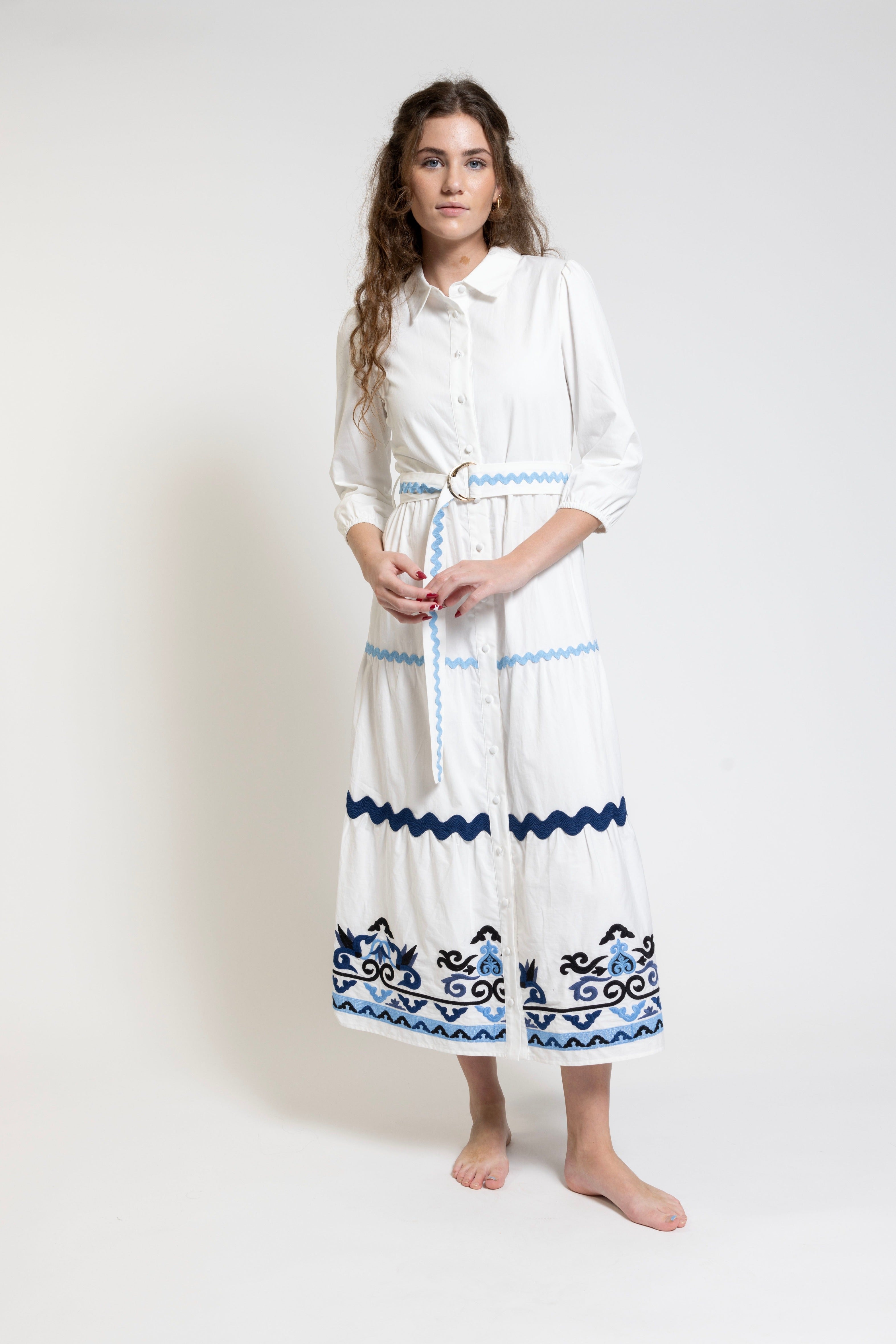 White Light Blue Embroidery Cotton Shirt Dress