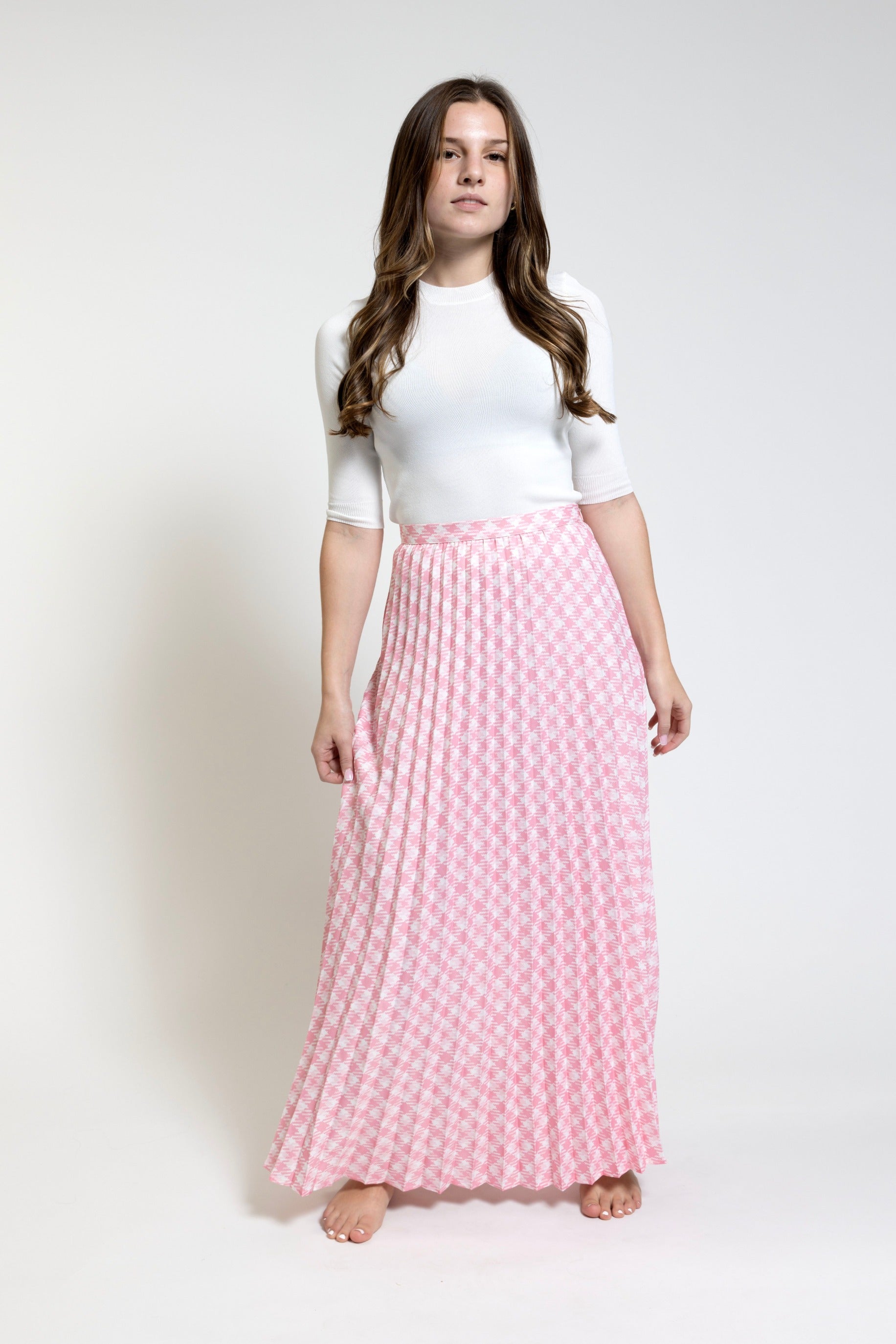 Pink Houndstooth Pleats Skirt