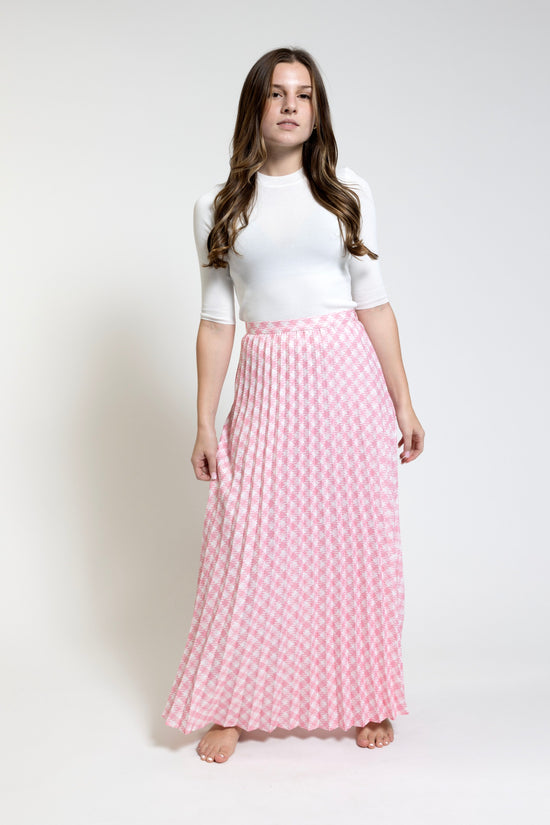 Pink Houndstooth Pleats Skirt