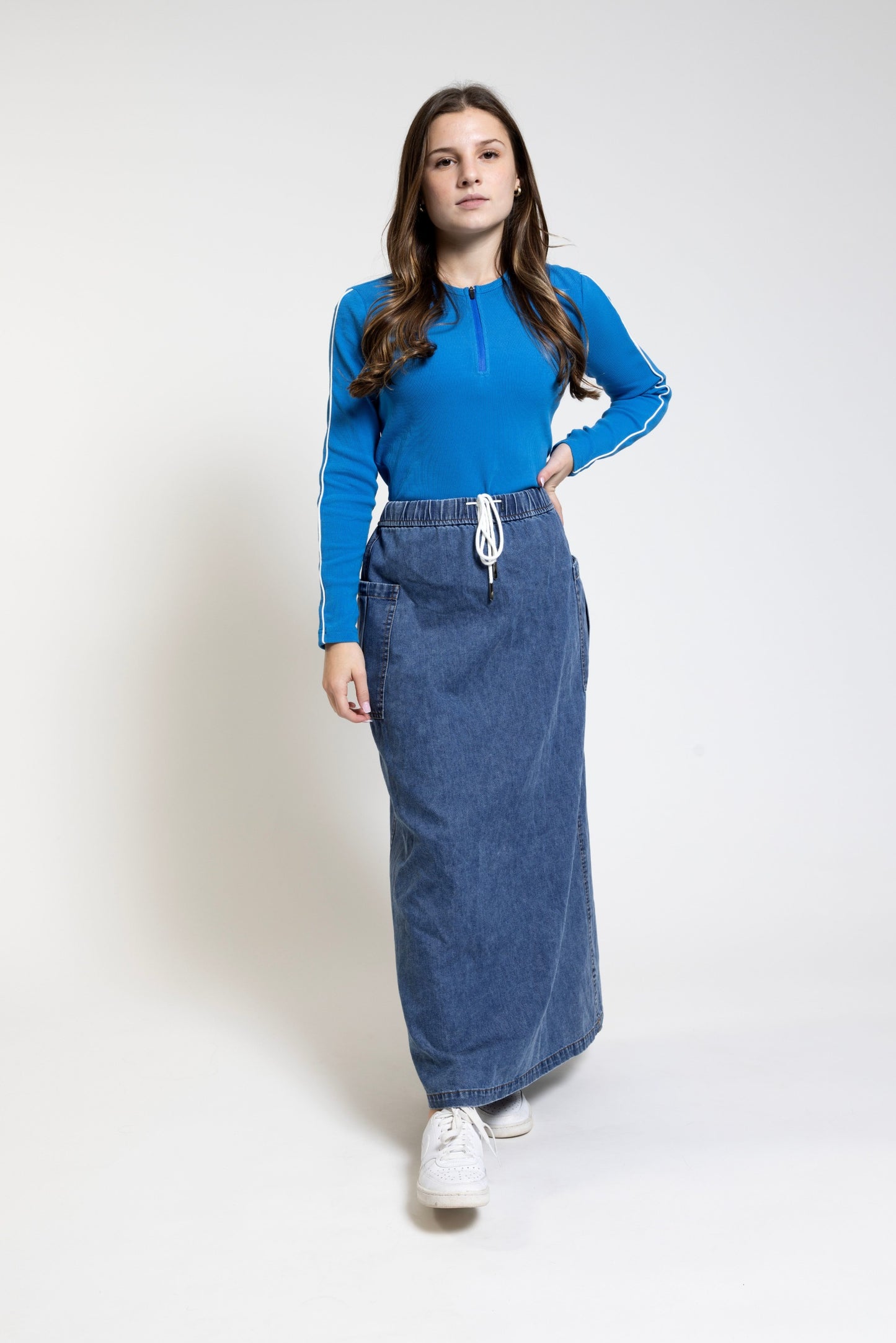 Blue Denim White Drawstring Skirt