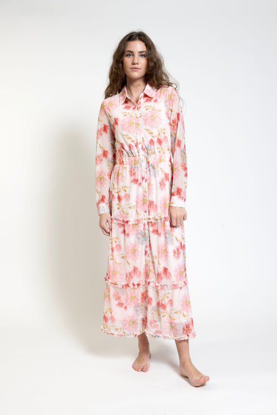 Pink Flower Printed Rufful Shirt Dress