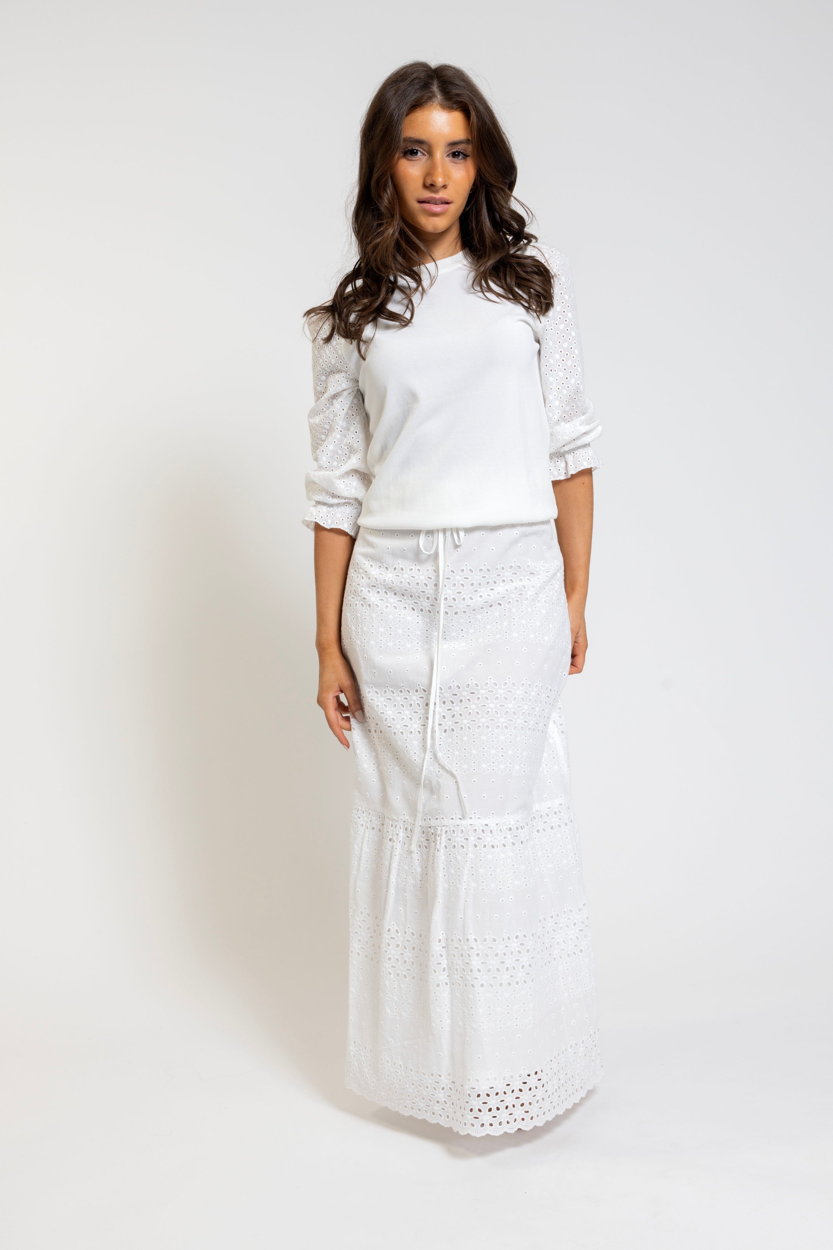 White Embroidery Cotton Tiered Skirt