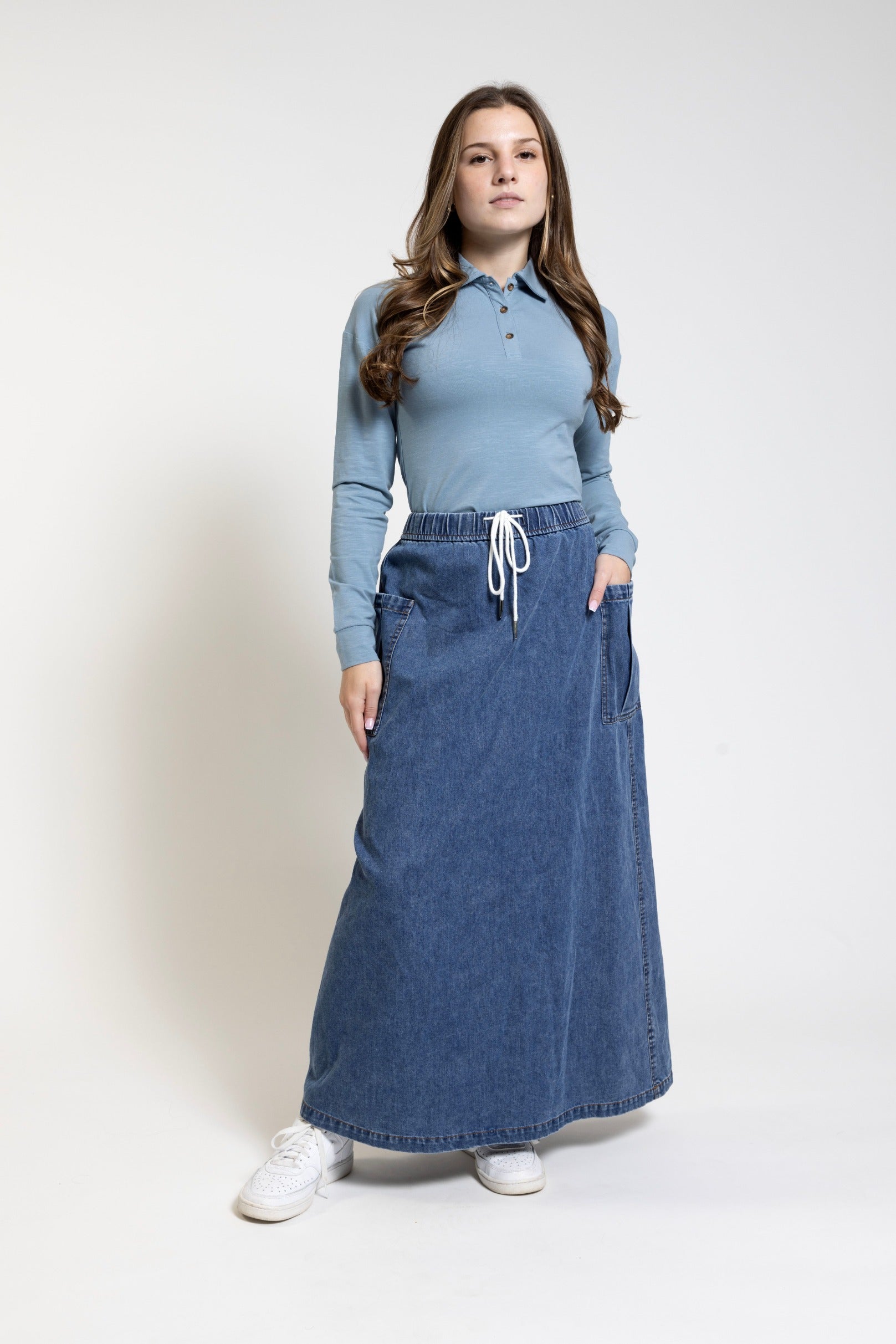 Blue Denim White Drawstring Skirt