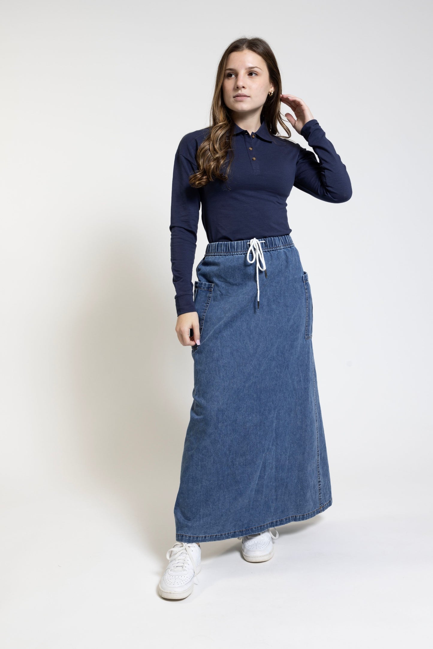 Blue Denim White Drawstring Skirt