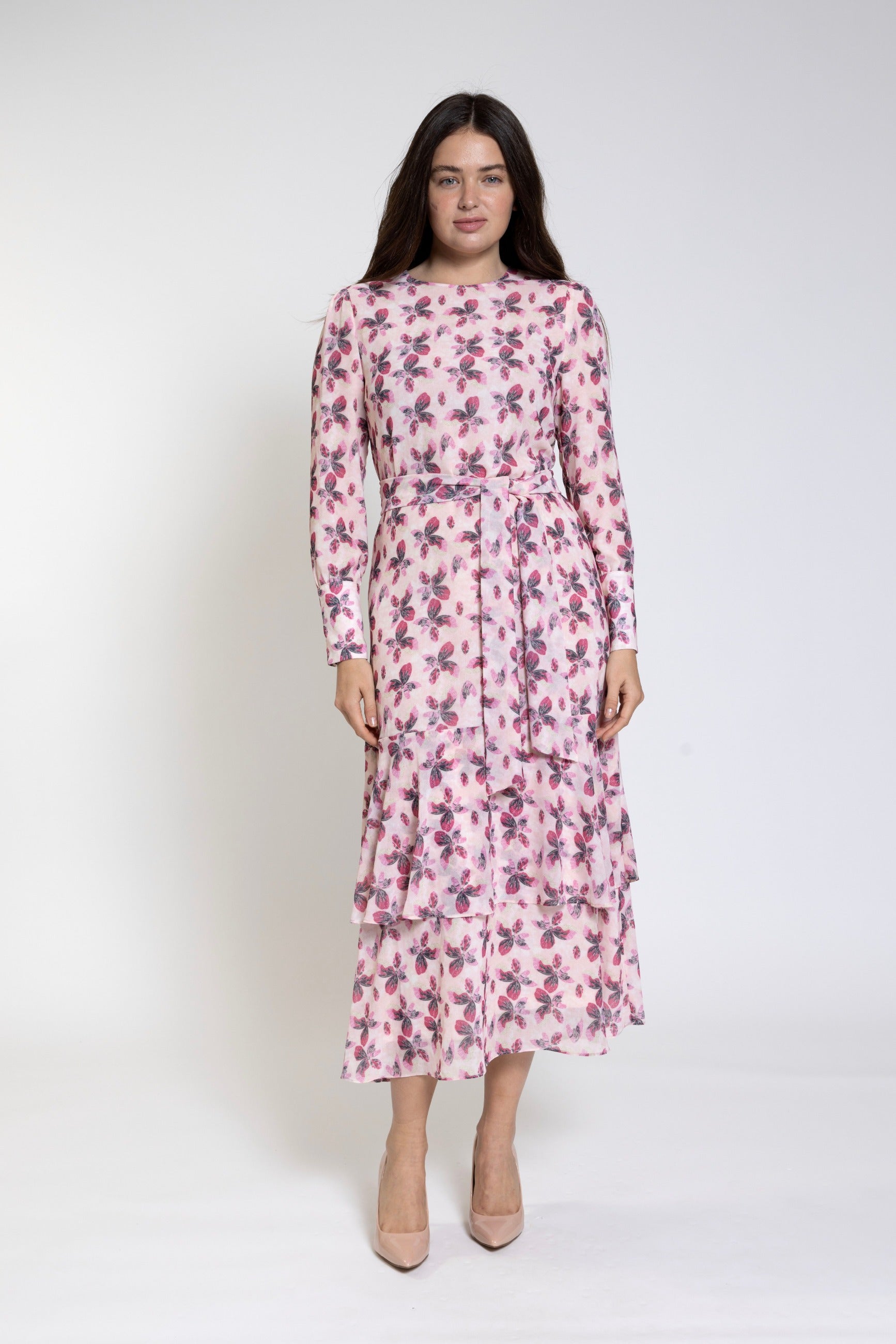 Pink Base Print Dress With Belt