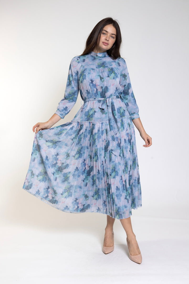 Blue Pleated Print Dress