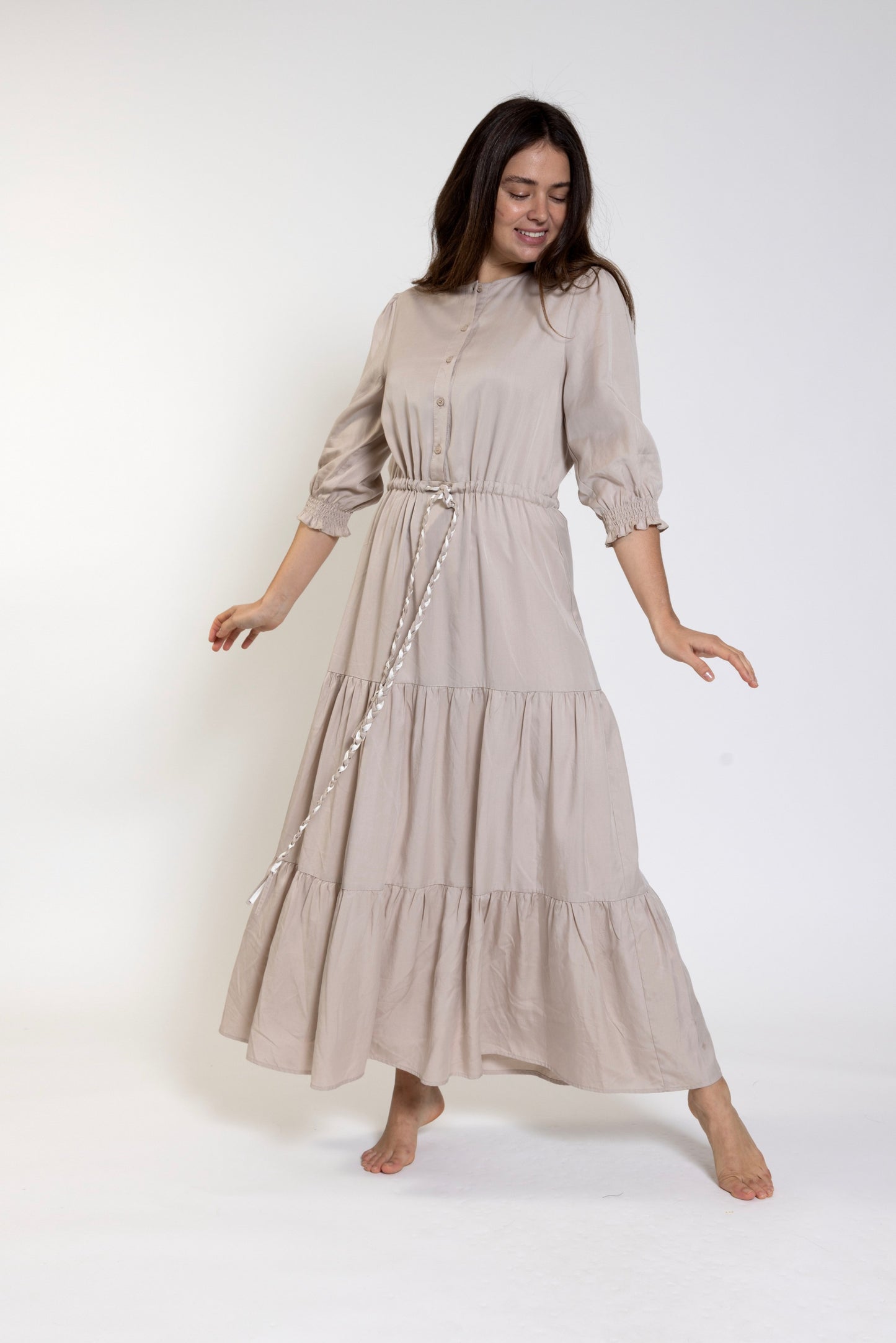 Beige Layer Tiered Dress With Belt