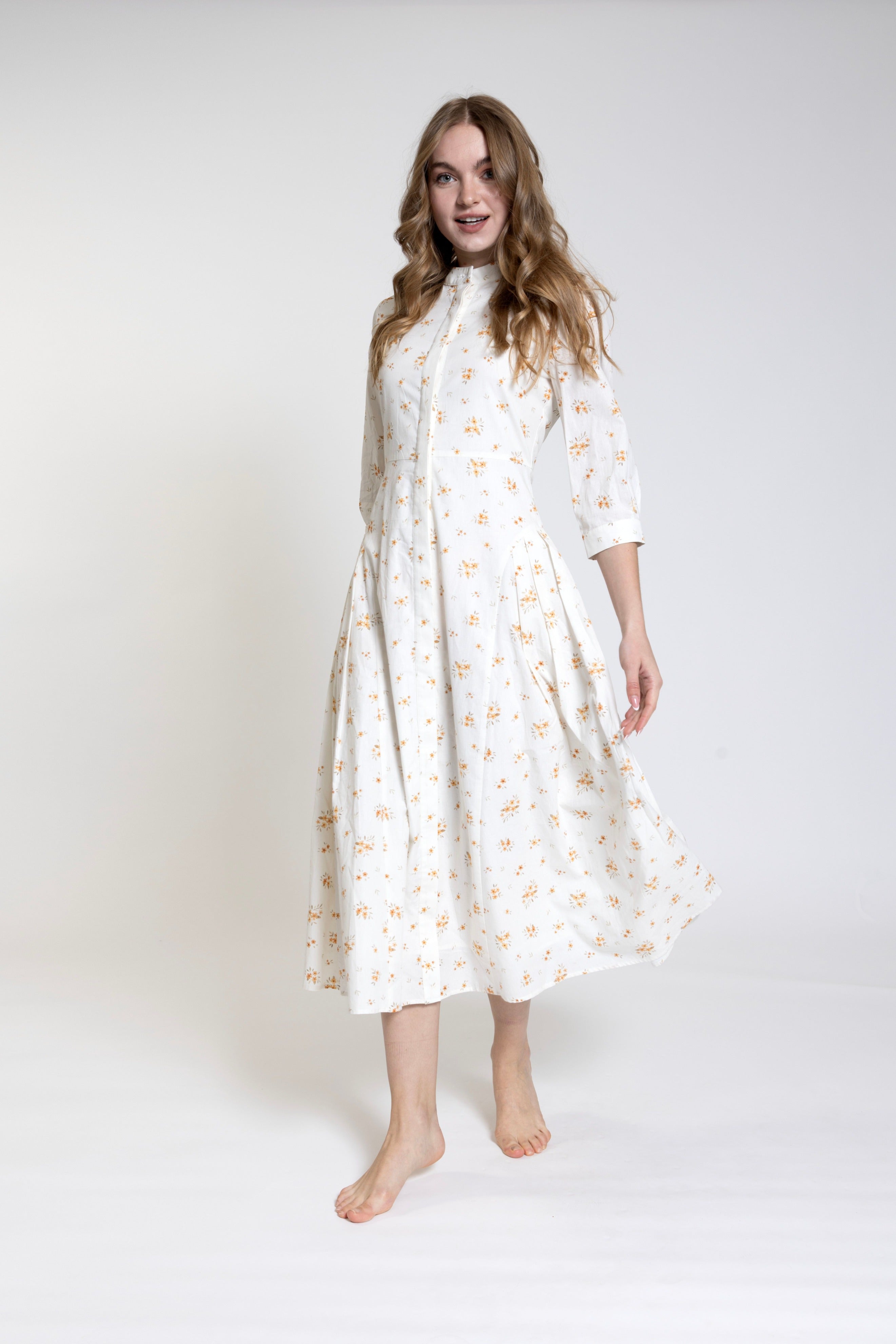 White Print Dress With Placket