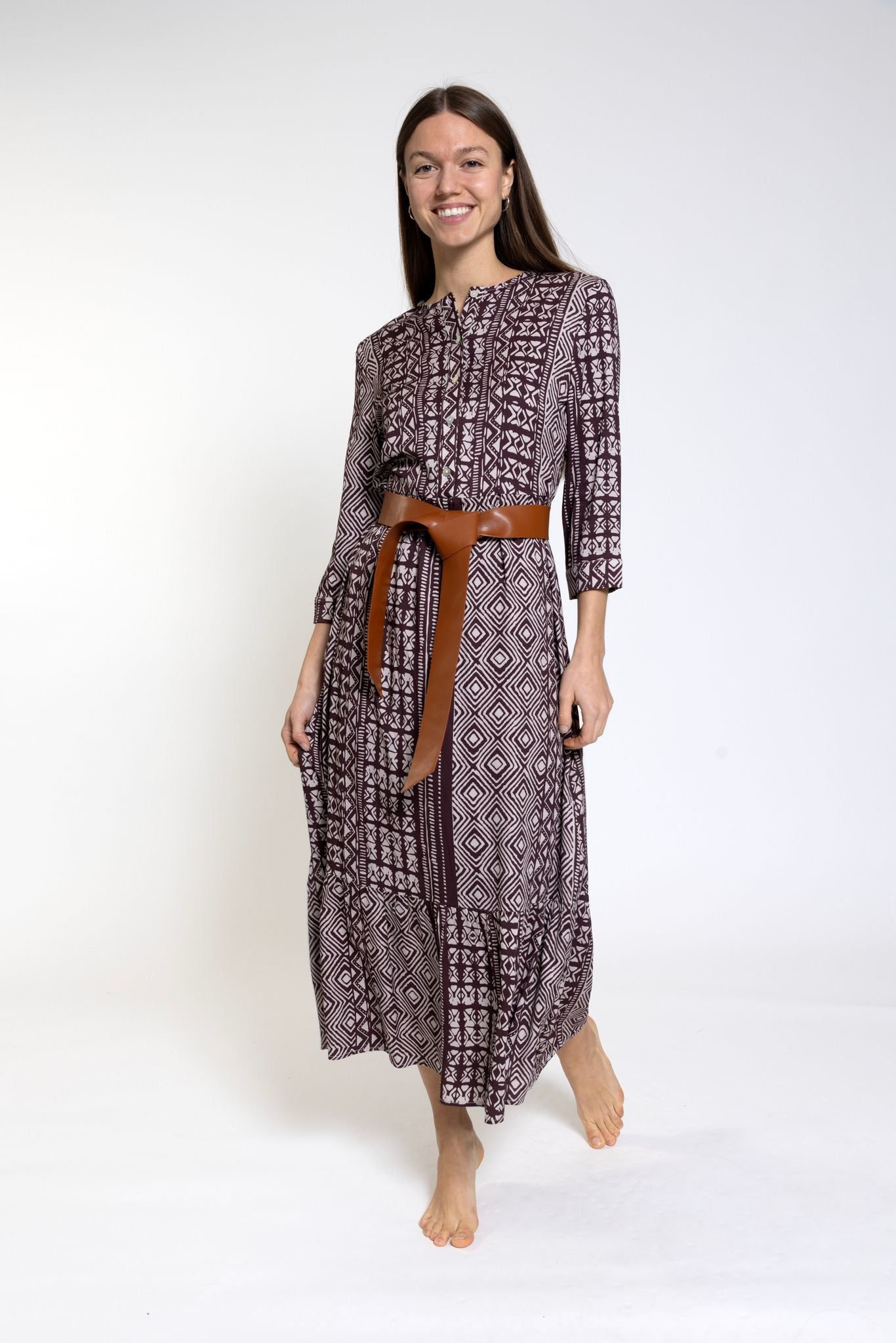 Brown & White Geometry Printed Dress