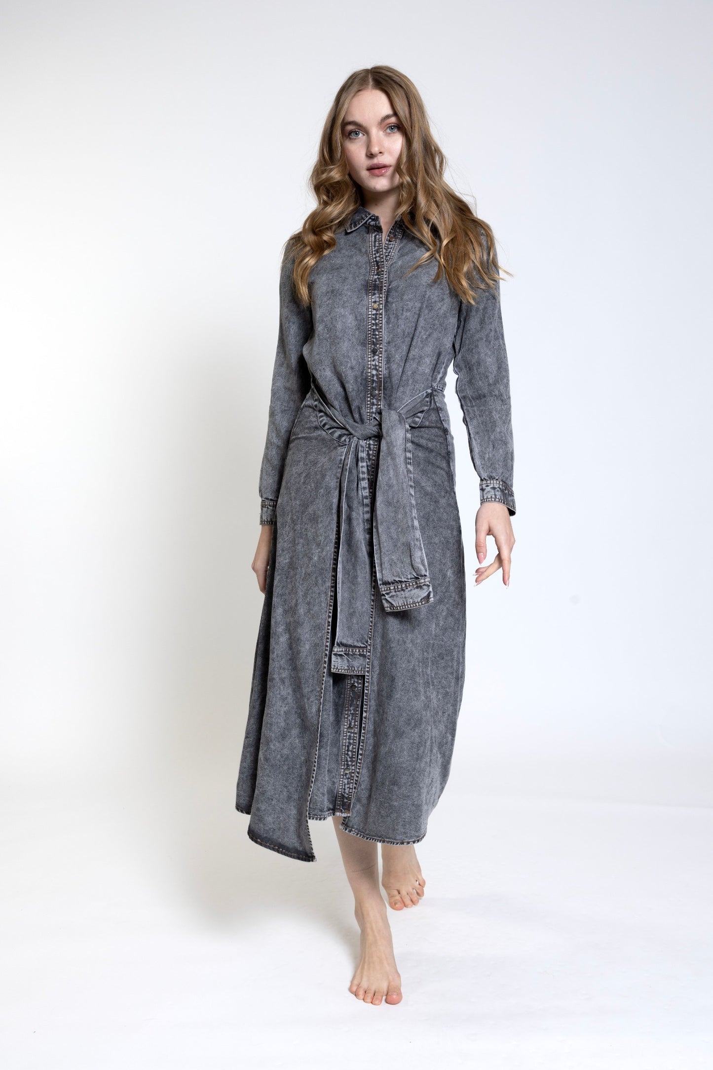 Grey Wash Shirt Dress With Tie Belt