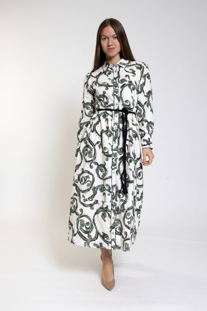 Beige Base Green Printed Tiered Shirt Dress