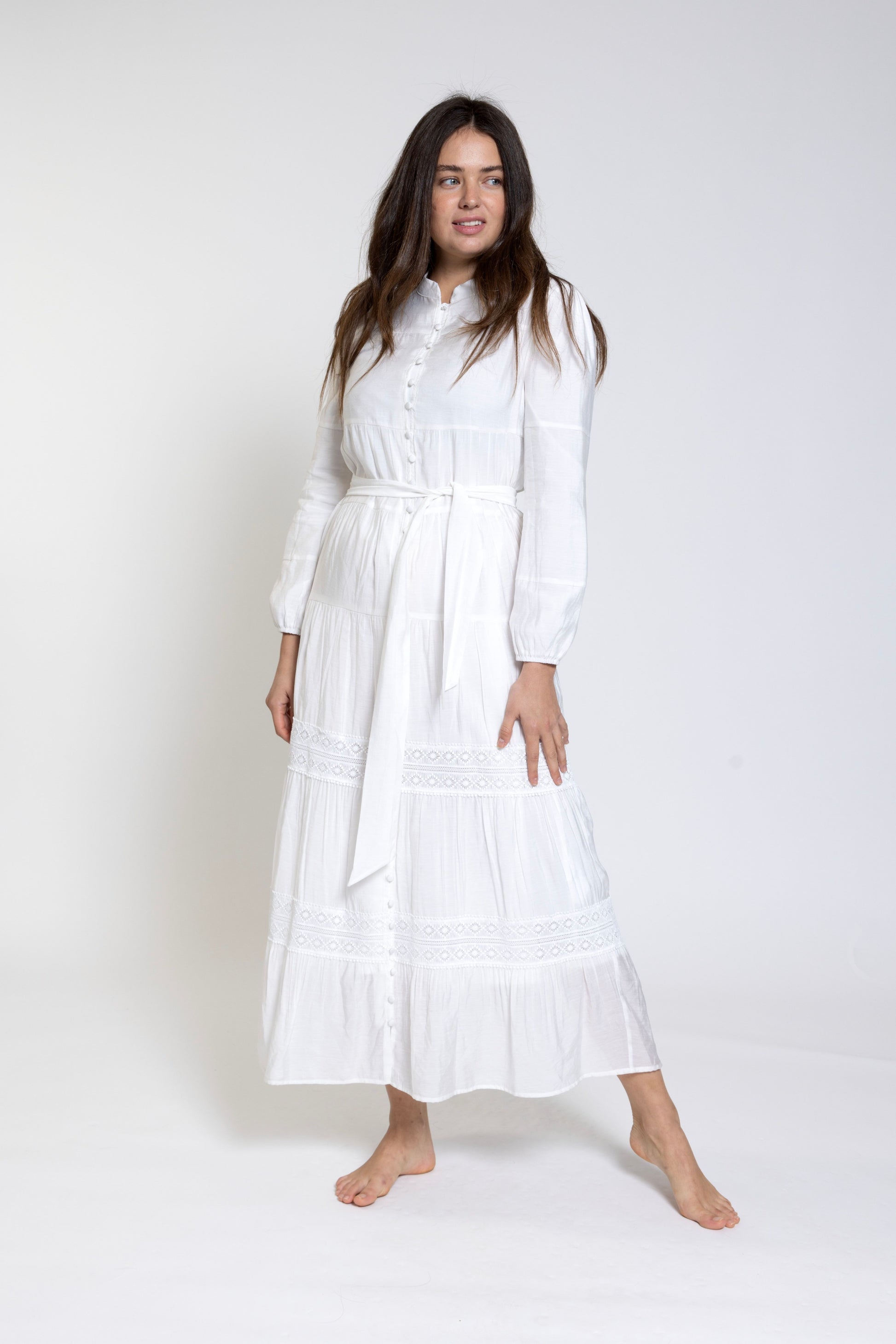 White Plain Emboidery Tiered Dress