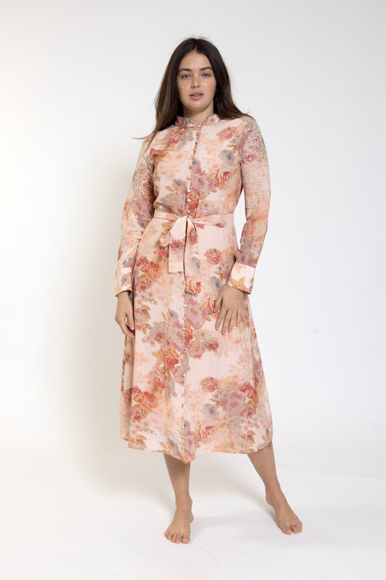 Beige Base Pink Printed Emboidery Dress