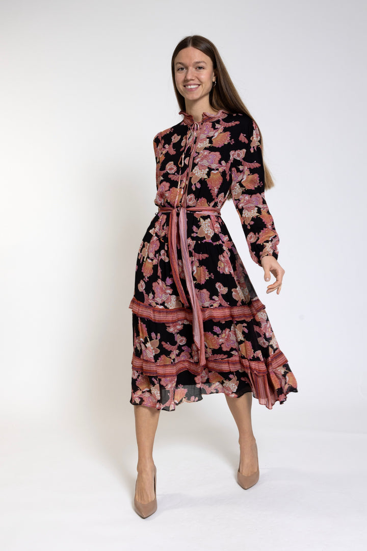 Black Base Pink Flower Printed Dress - WS2446-B