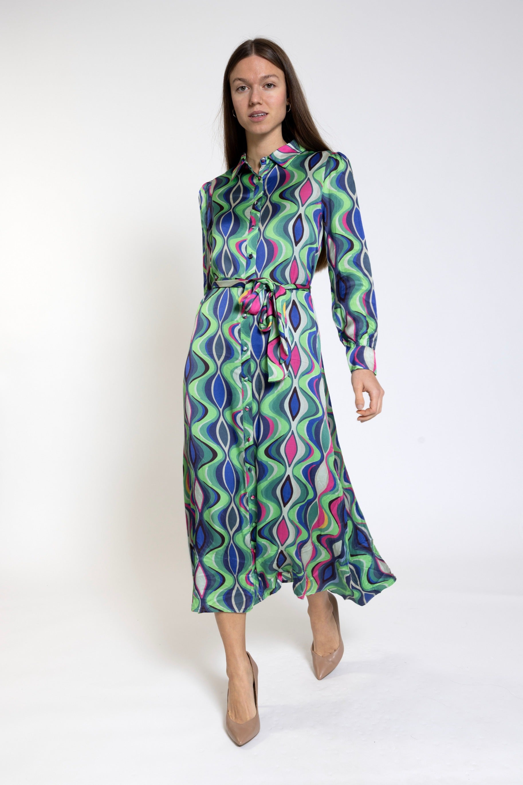 Green Multicolor Wave Printed Shirt Dress