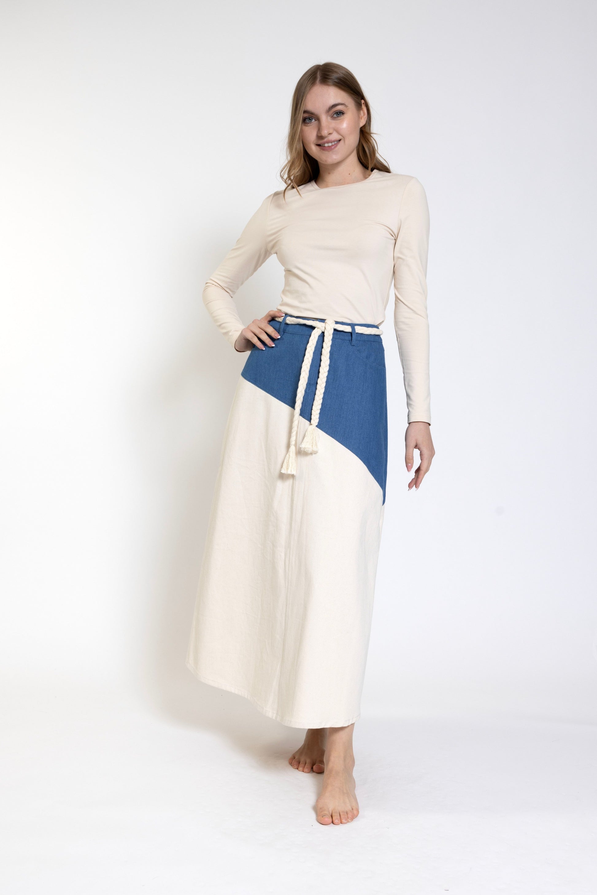 Blue And White Skirt With Tassel Belt