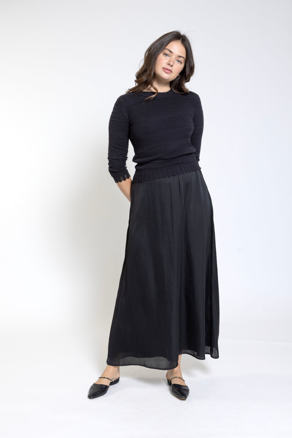 Black Knit Waist Satin Skirt
