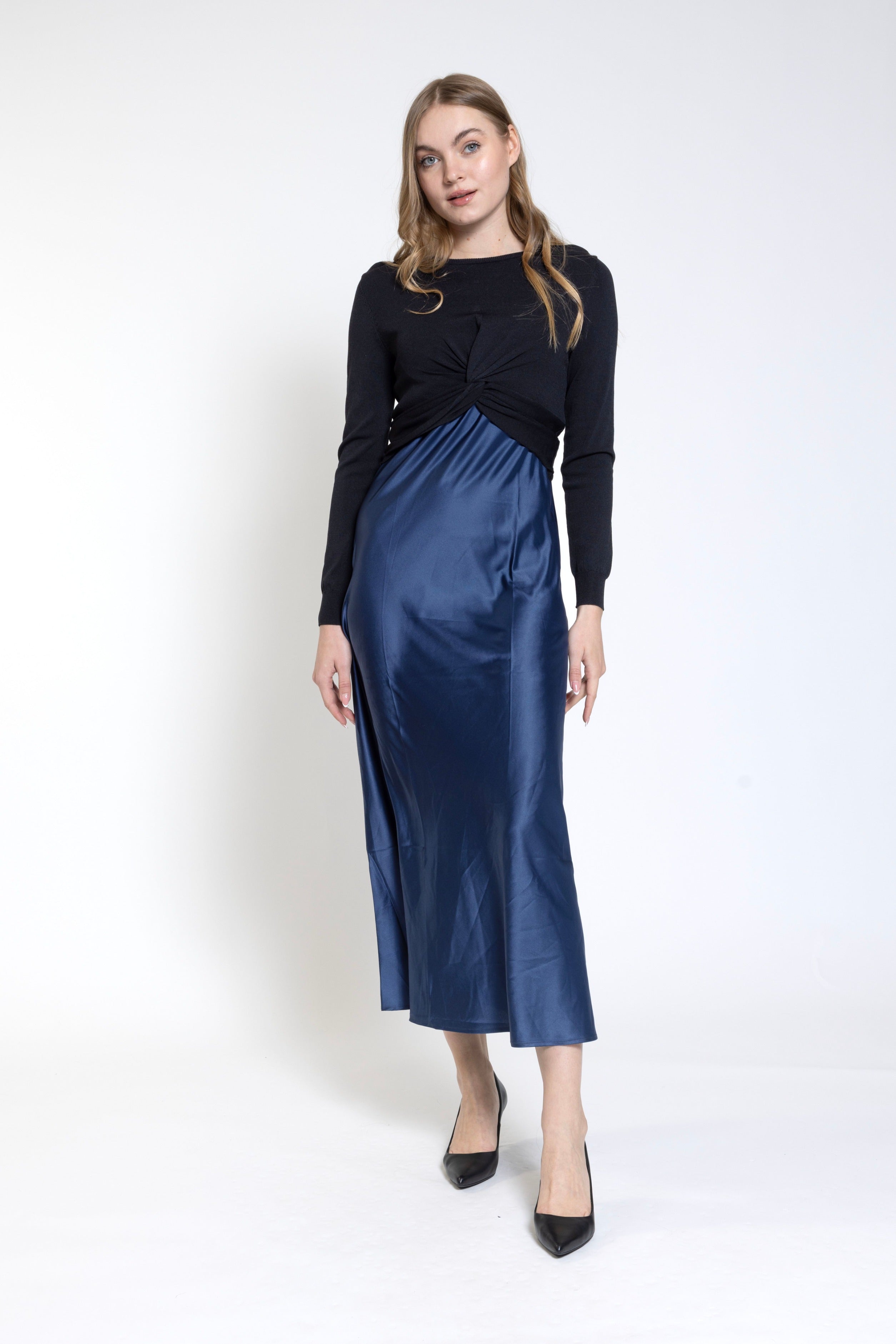 Dark Blue Plain Satin Braces Dress