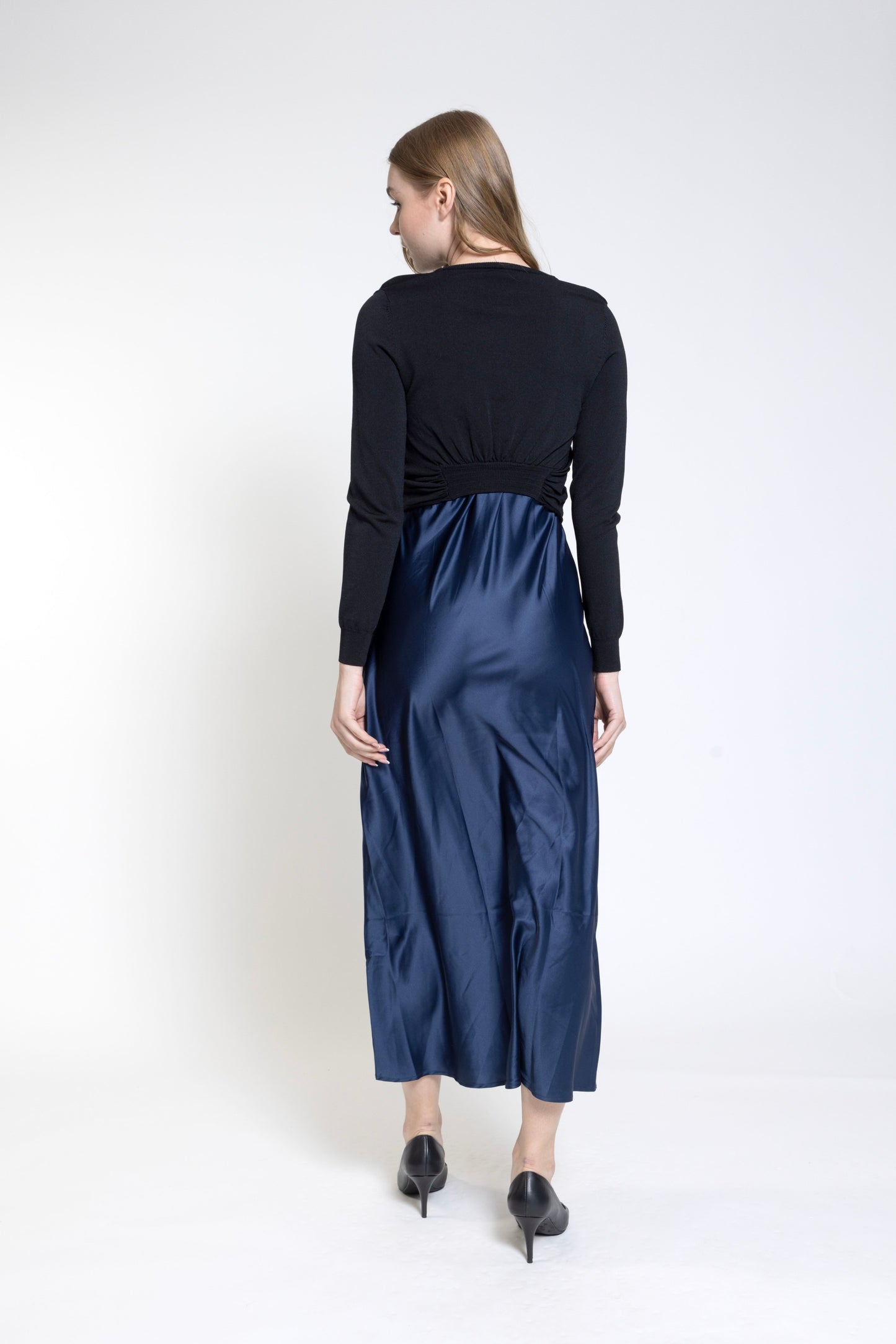 Dark Blue Plain Satin Braces Dress