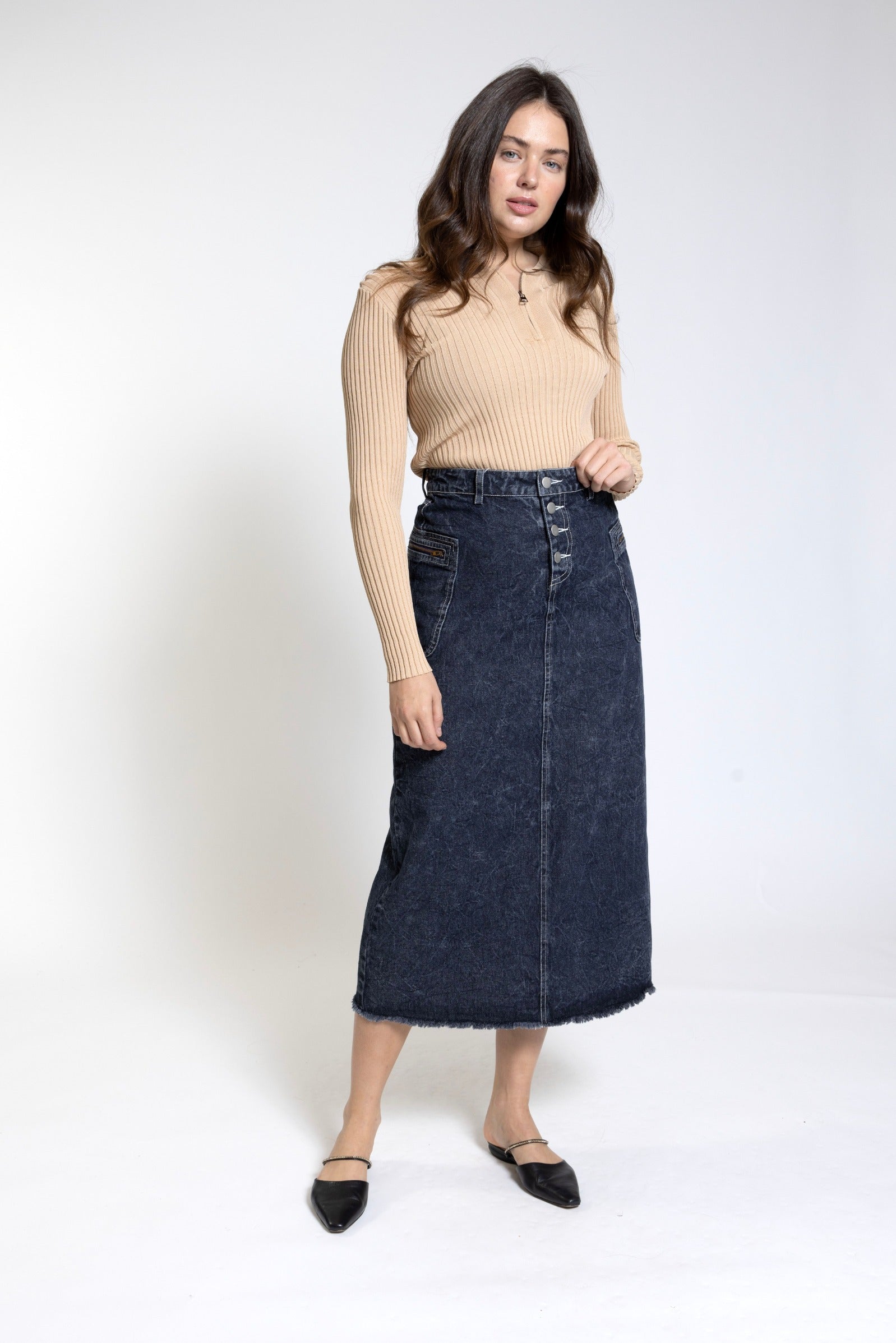 Blue Denim Skirt With Pocket - LAS24038-A