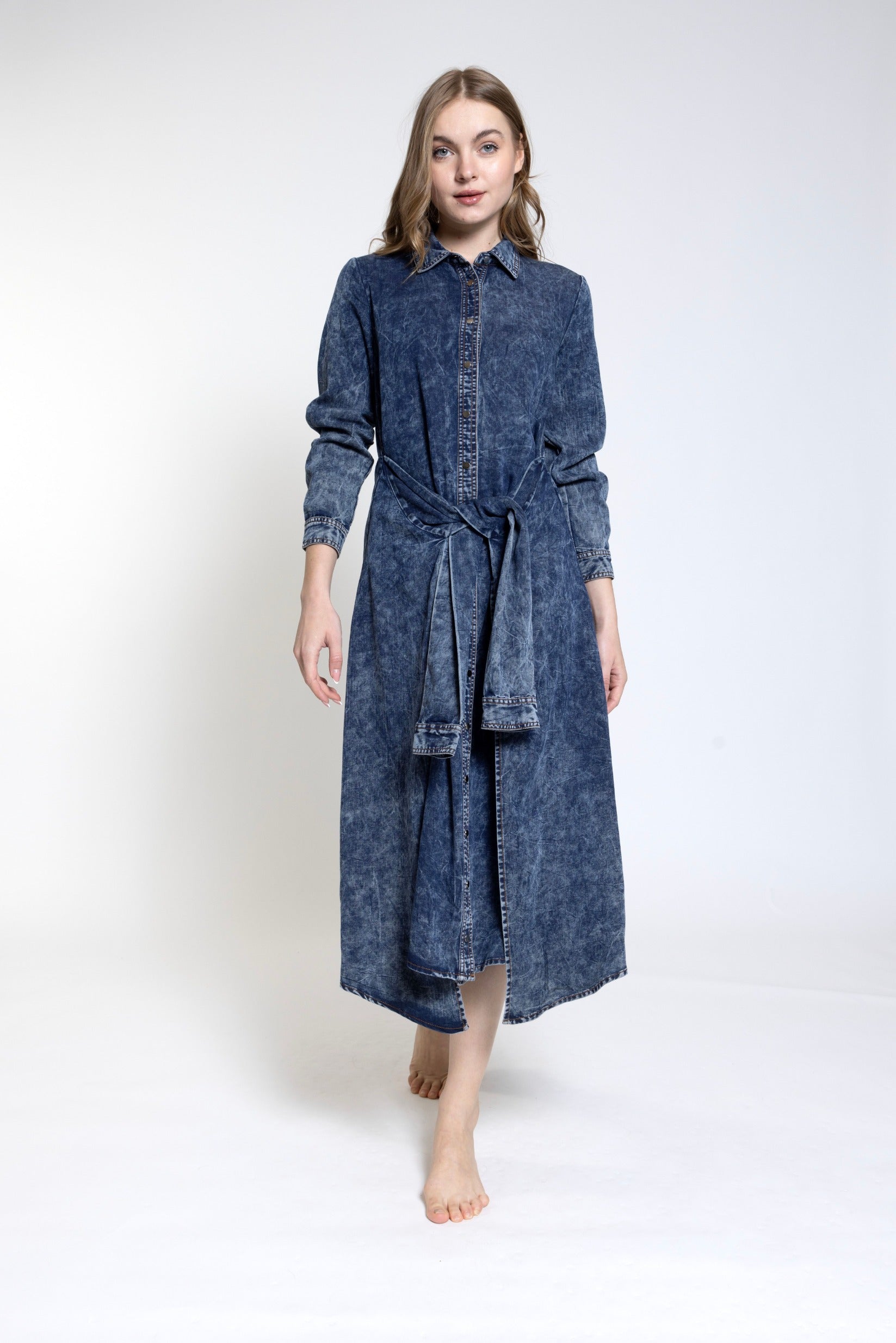 Dark Blue Wash Shirt Dress With Tie Belt