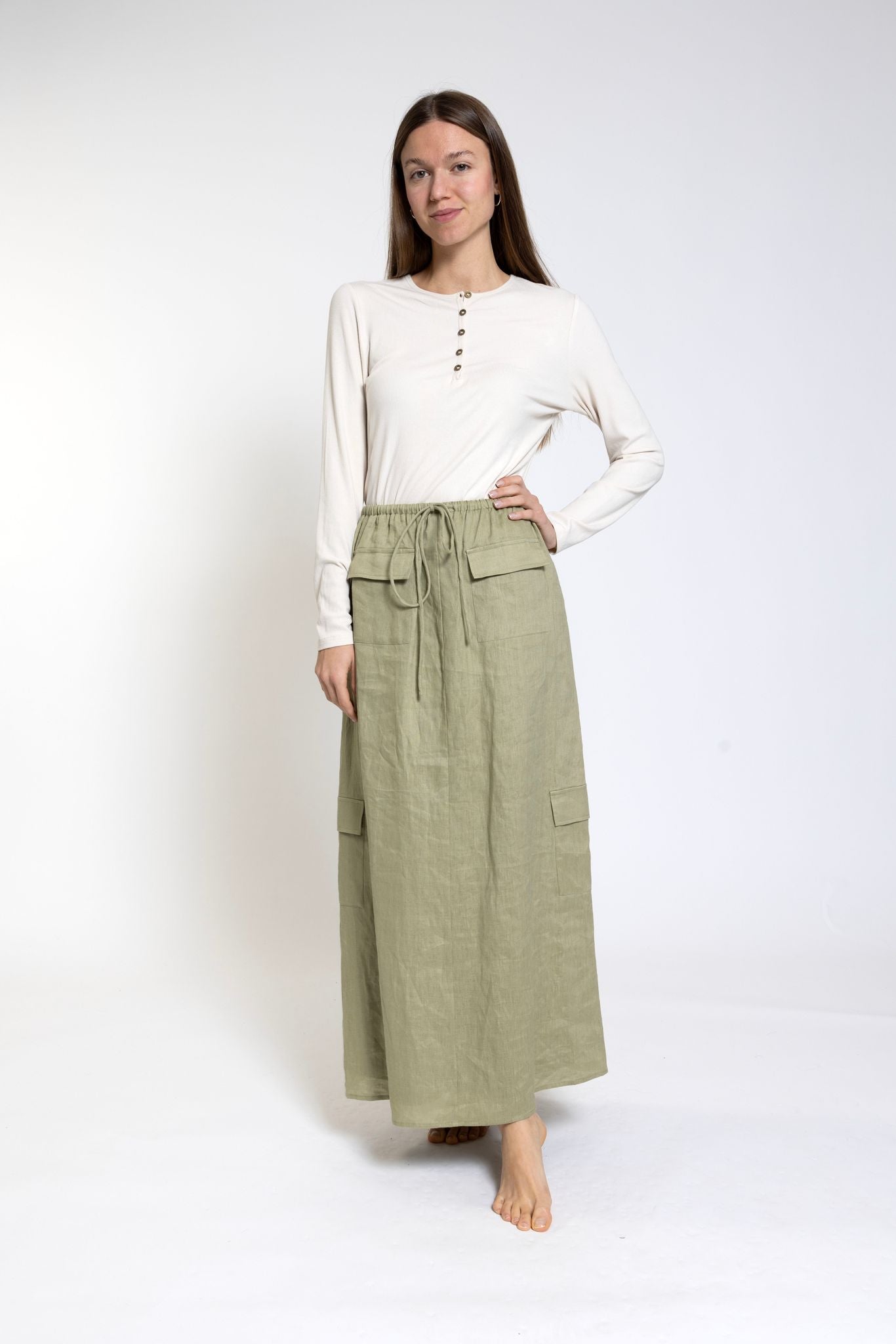 Khaki Tie Waist Skirt With Pocket - BWS24117-B