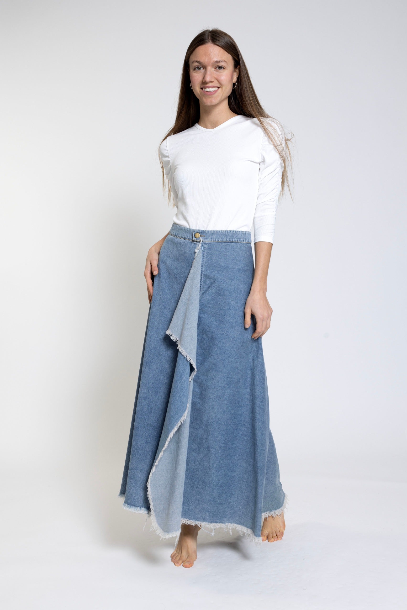 Blue Denim Skirt With Front Ruffle