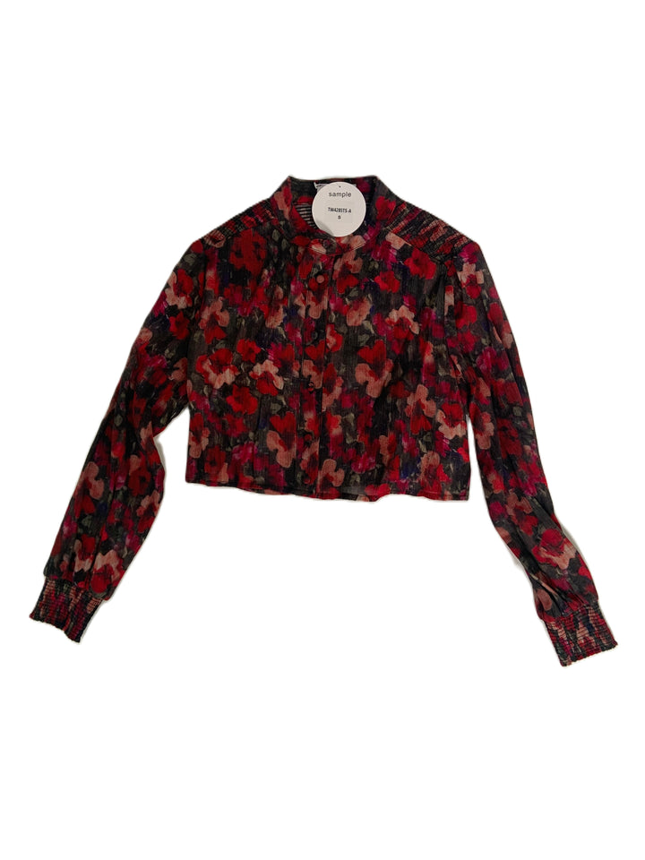 Red Flower Printed Scrunch Yoke Top