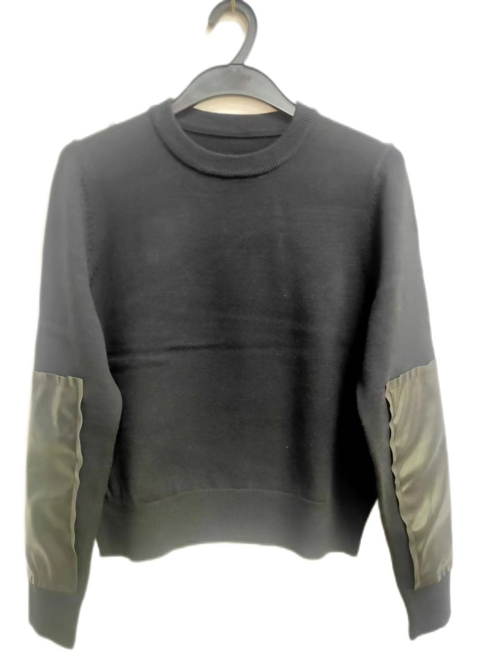 Black Knit Sweater With Black Leather Patches On Sleeves