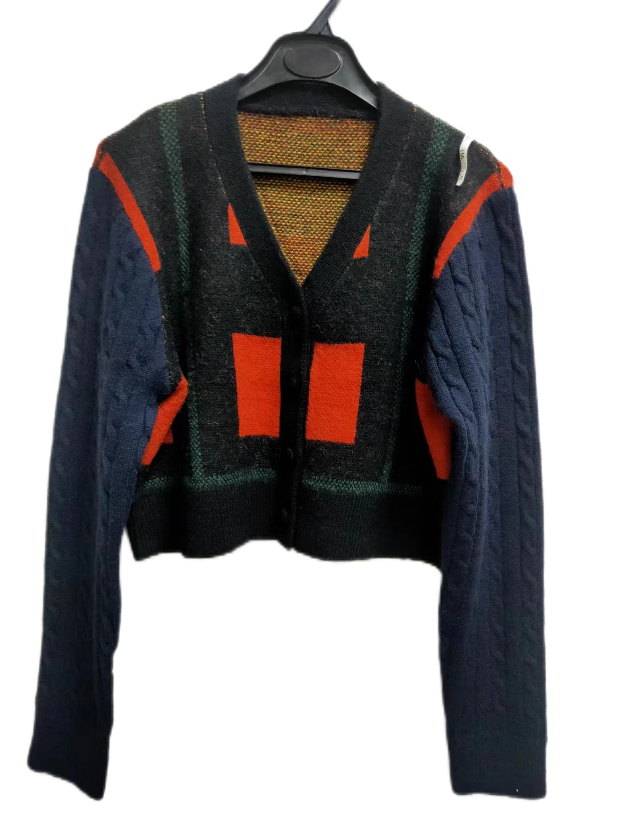 Cardigan With Navy Cable Knit Sleeves And Printed Center