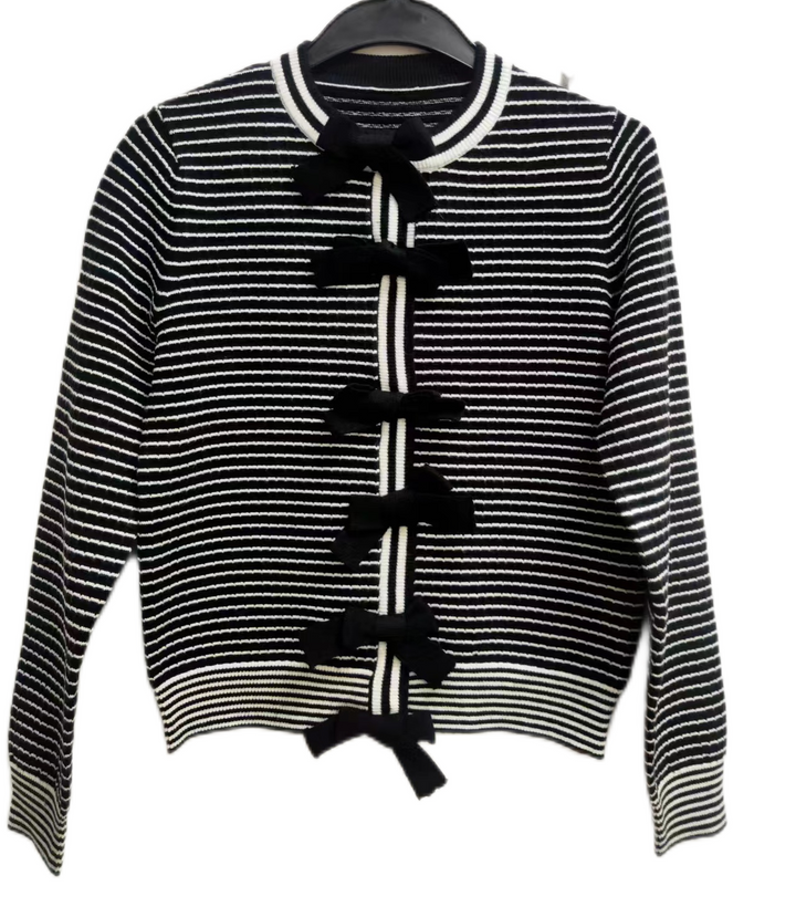 Black And White Striped Knit Swetaer With Bows