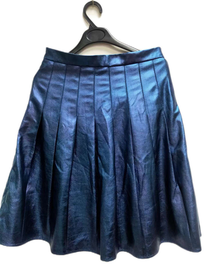 Blue Metallic Knit Plkeated Skirt