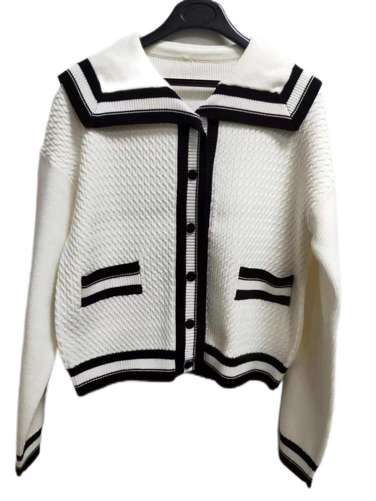 White Cable Knit Cardigan With Sailor Color