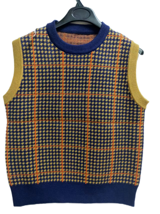 Brown And Blue Plaid Printed Knit Vest