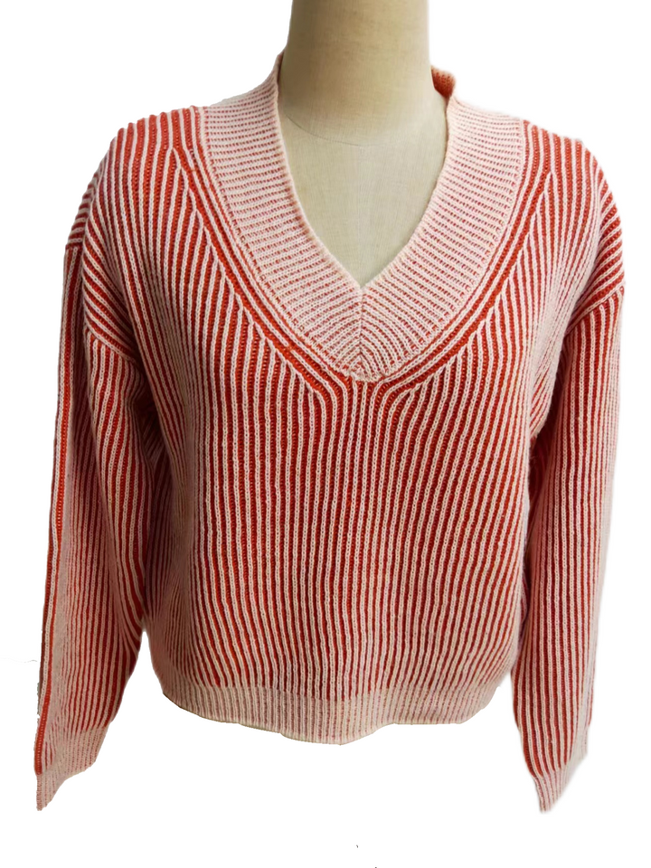 Orange And Ivory Ribbed Knit Top