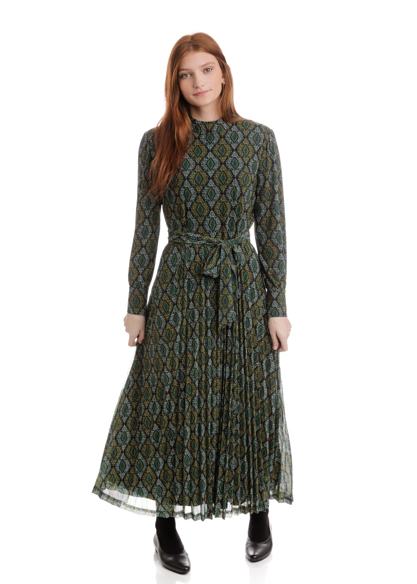 Olive Argyle Printed Dress With Belt