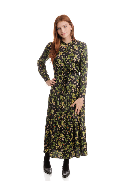 Green Flower Printed Dress With Gold Buttons