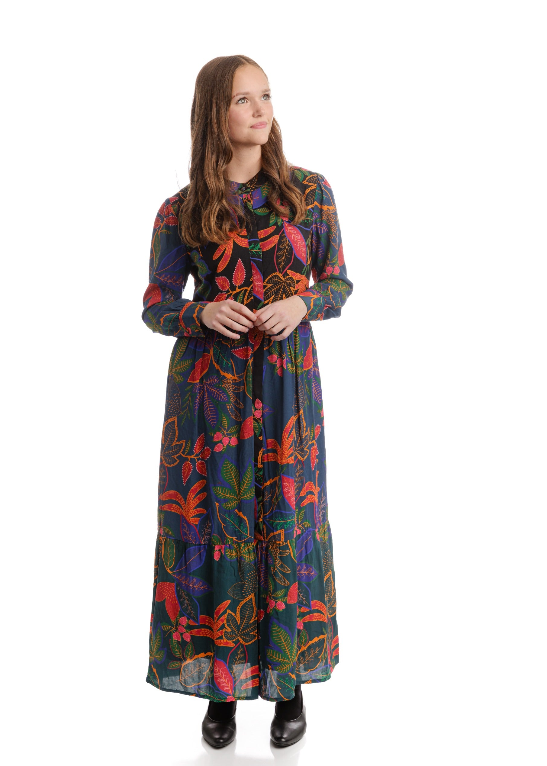 Navy With Multicolor Leaves Printed Dress