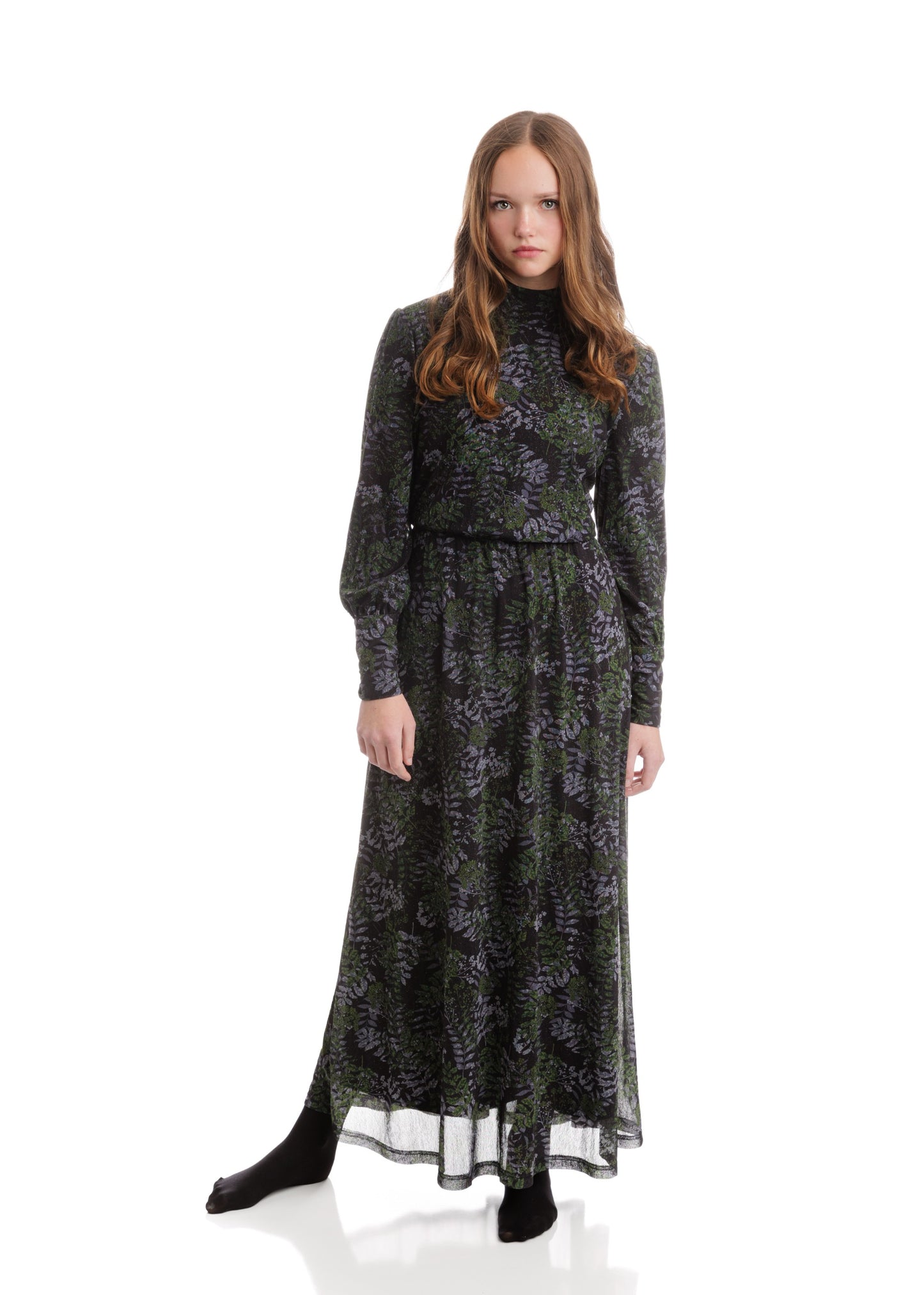 Black Chiffon Dress With Darker Green Printed Leaves