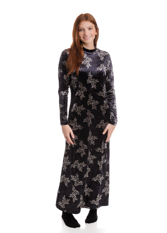 Black Velvet Stone Flower Printed Dress