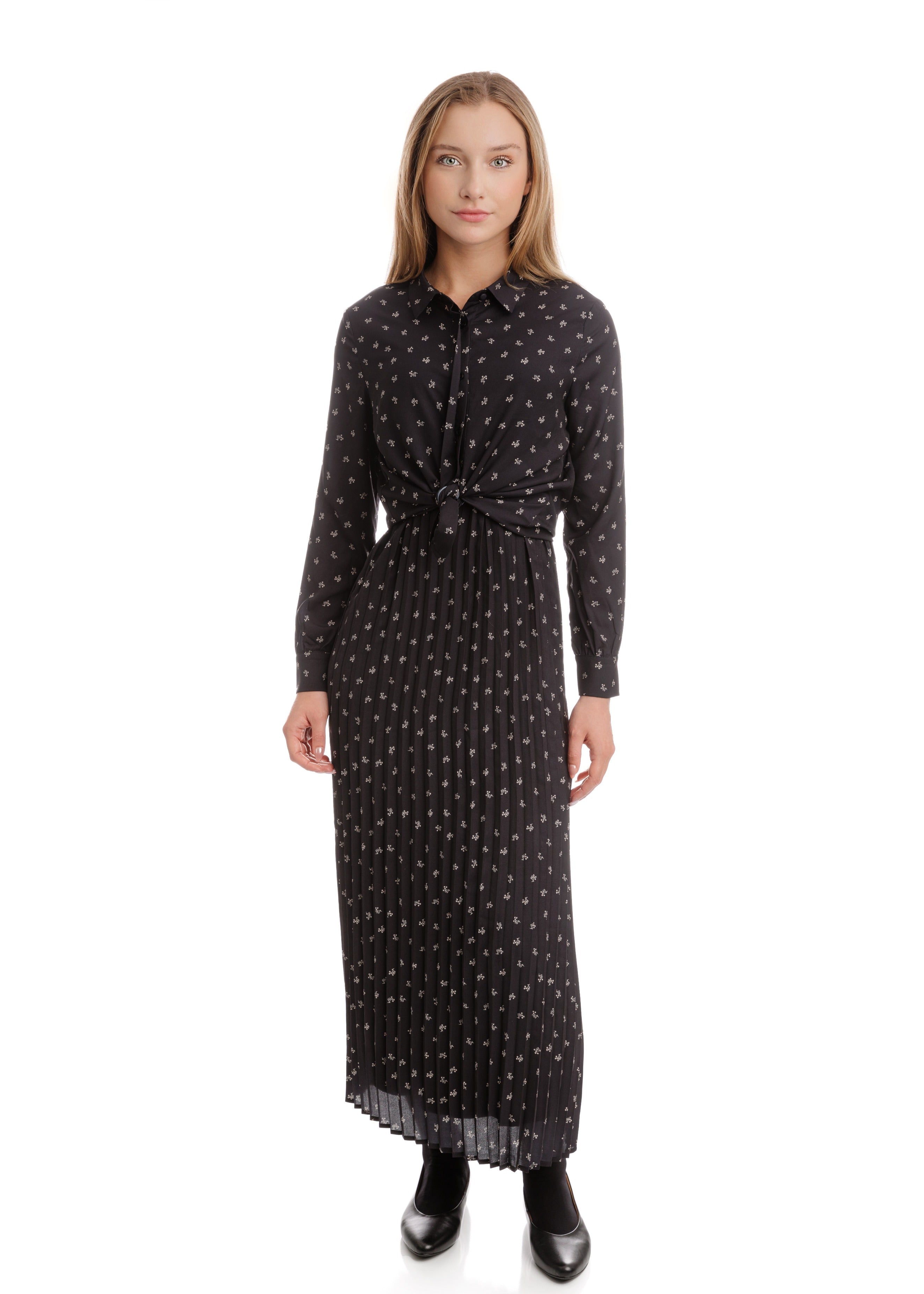 Black Floral Pleated Jumper Dress With Matching Shirt Overlay