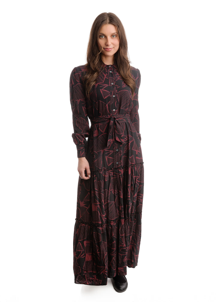 Black Base Burgundy Geometric Pattern Printed Layer Shirt Dress