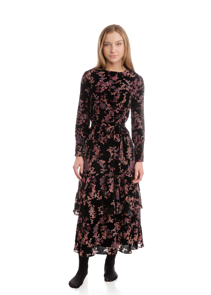 Black Velvet Pink Flower Printed Dress With Drawstring