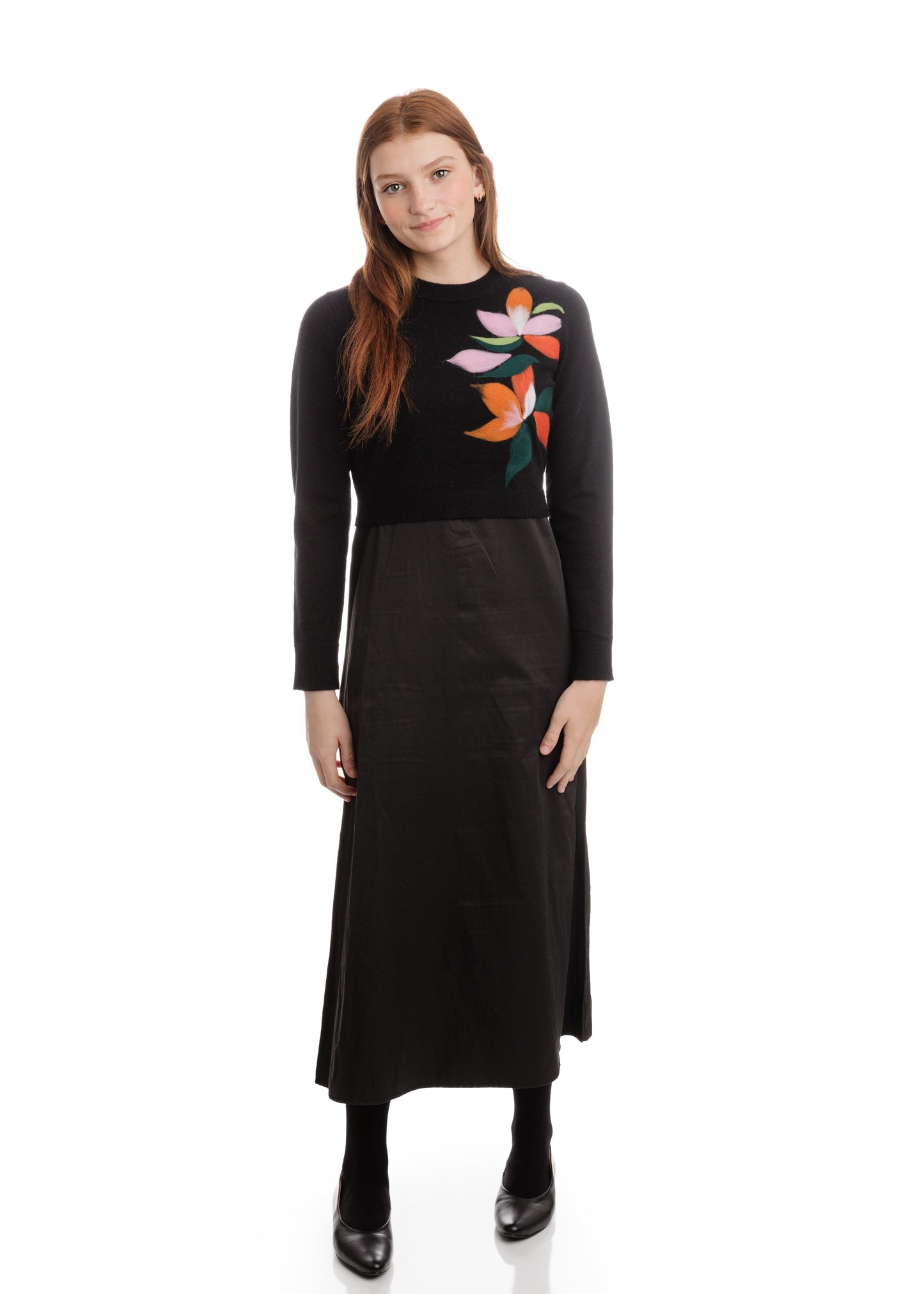 Black Slip Dress With Knit Overlay With Multicolor Flowers