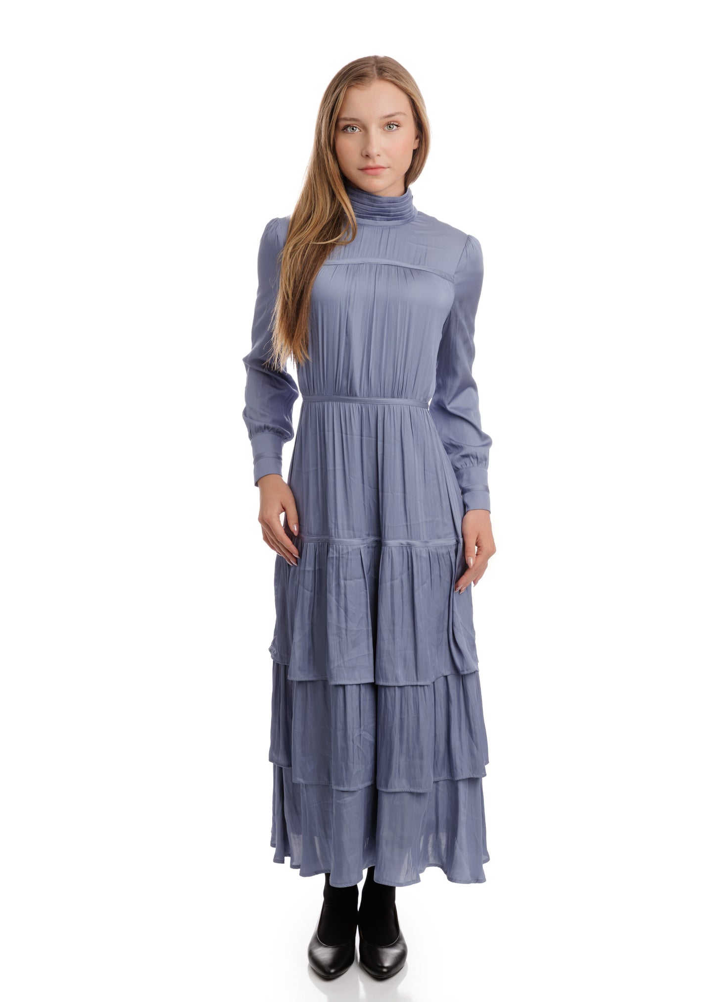 Slate Blue Pleated Dress With Pleated Neckline Detail